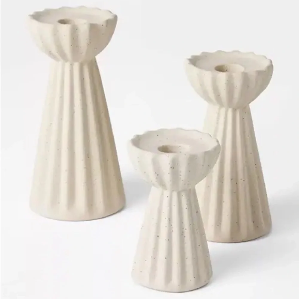 Ceramic Ribbed Taper 1/ Candle  Holder Beige - Threshold Studio  McGee